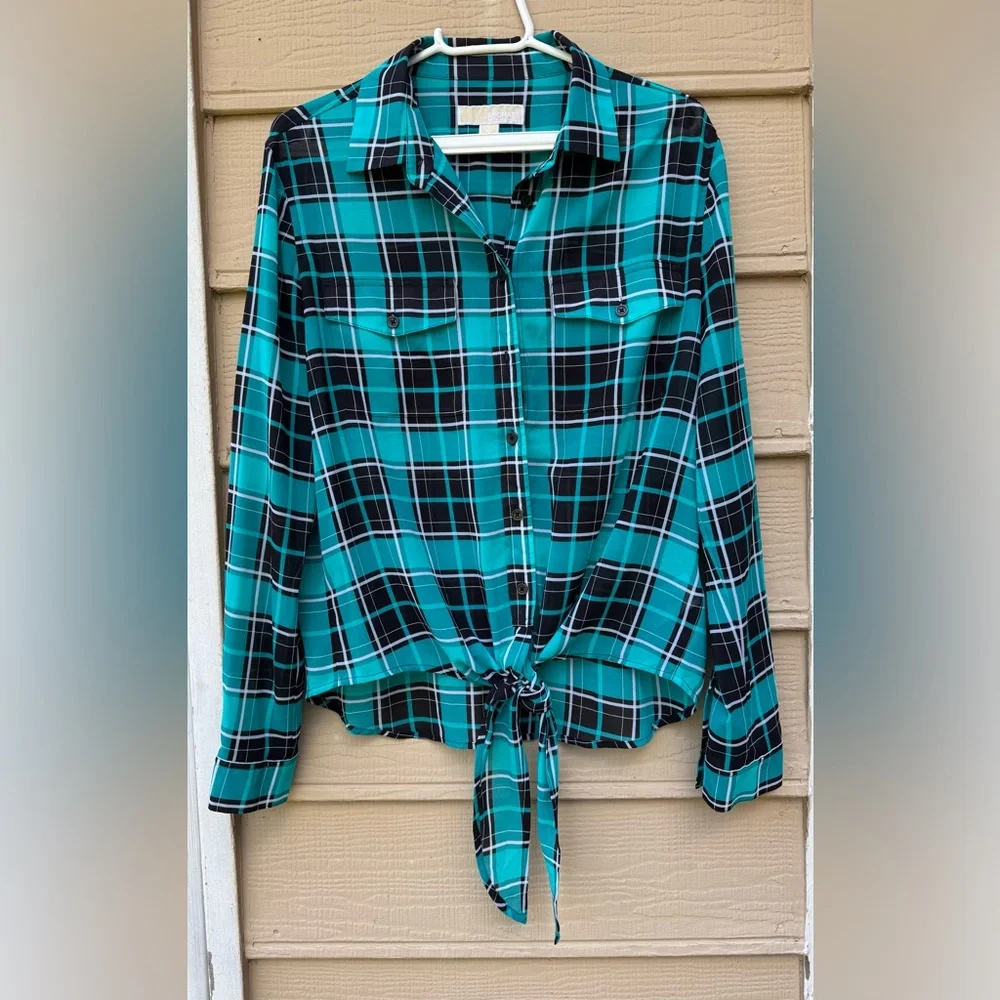 MICHAEL Kors Plaid Button-down Blouse with Front Knot - Picture 2 of 9